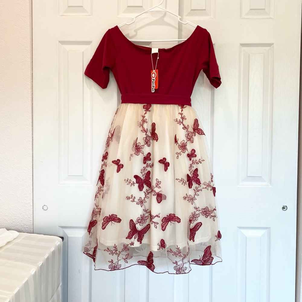 Burgundy Off-Shoulder Butterfly Embroidered Tulle / Mesh Dress, Women Size S - Picture 9 of 10